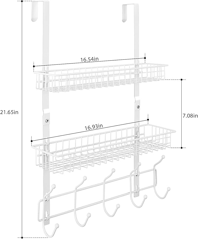 Over The Door Hanger Organizer with 2 Mesh Baskets & 5 Towel Hooks, Detachable Behind The Door Storage Towel Rack for Coats, 