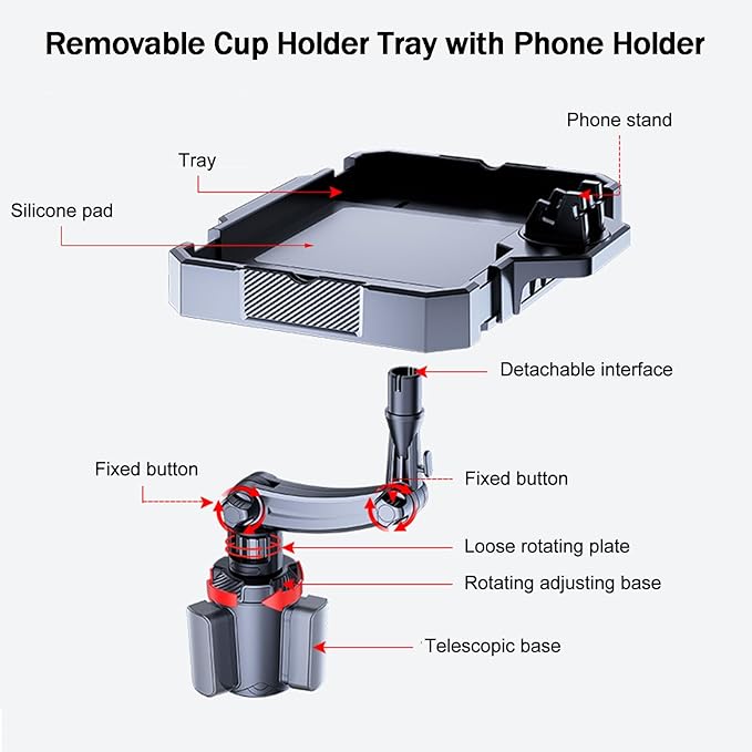 Larger Car Cup Holder Tray, 9~11 inch Expandable Car Food Tray for Eating Hamburger/Snacks, Car Travel Cup Coffee Table Stand