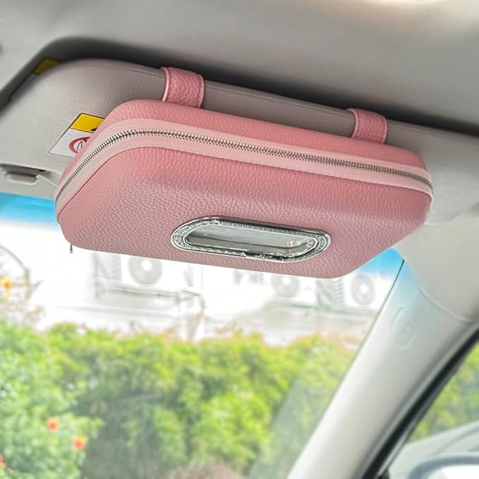 Car Tissue Holder, Sun Visor Napkin Holder, Luxury PU Leather Backseat Tissue Case Holder (Pink)