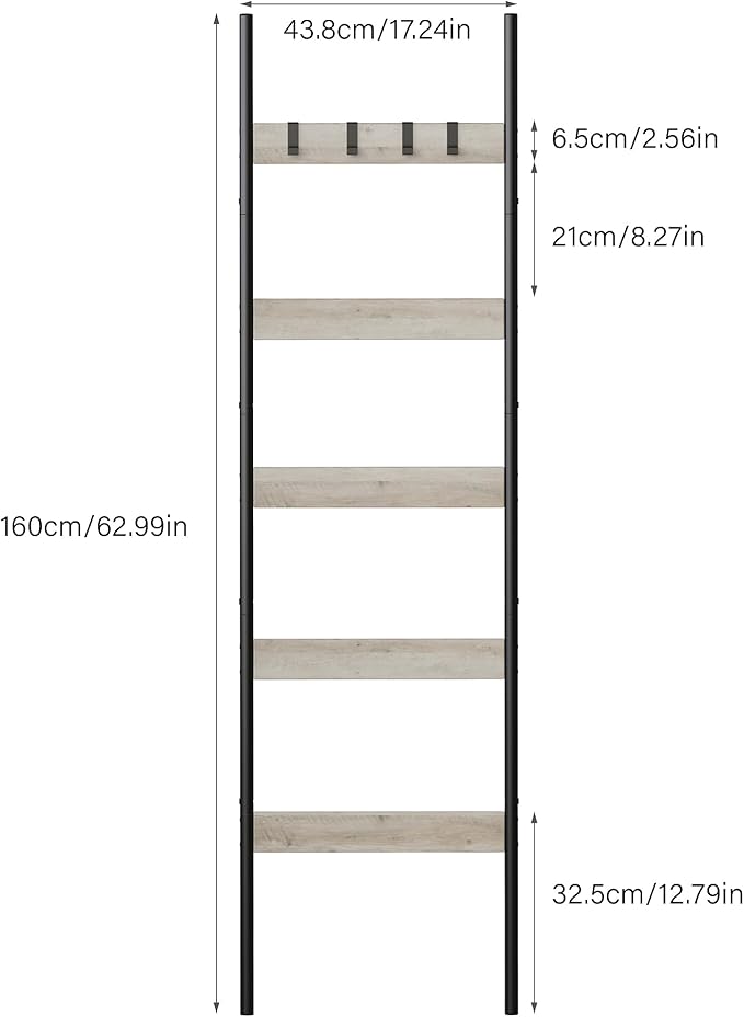 Blanket Ladder, 5-Tier Towel Holder with 4 Removable Hooks, Farmhouse Wall Leaning Decorative Rack Shelf, Wooden Towel Displa