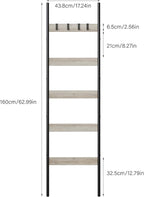 Blanket Ladder, 5-Tier Towel Holder with 4 Removable Hooks, Farmhouse Wall Leaning Decorative Rack Shelf, Wooden Towel Displa