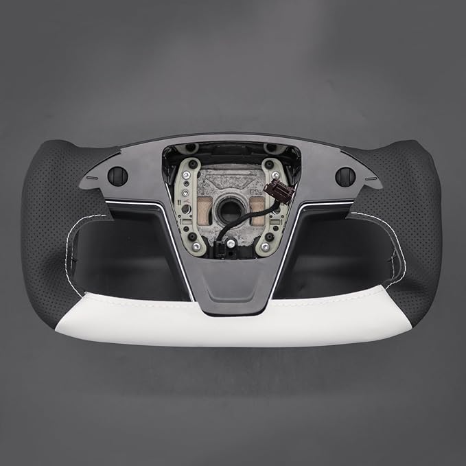 MEWANT Hand Stitched White Leather Steering Wheel Cover Wrap for Tesla Model S 2021-2023 / Model X 2021-2023 Steering Wheel Accessories