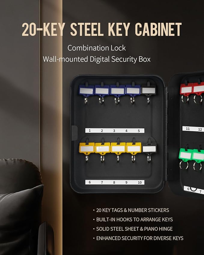 Uniclife 20 Position Key Cabinet with Combination Lock Resettable Black Digital Security Storage Box Steel Key Organizer with