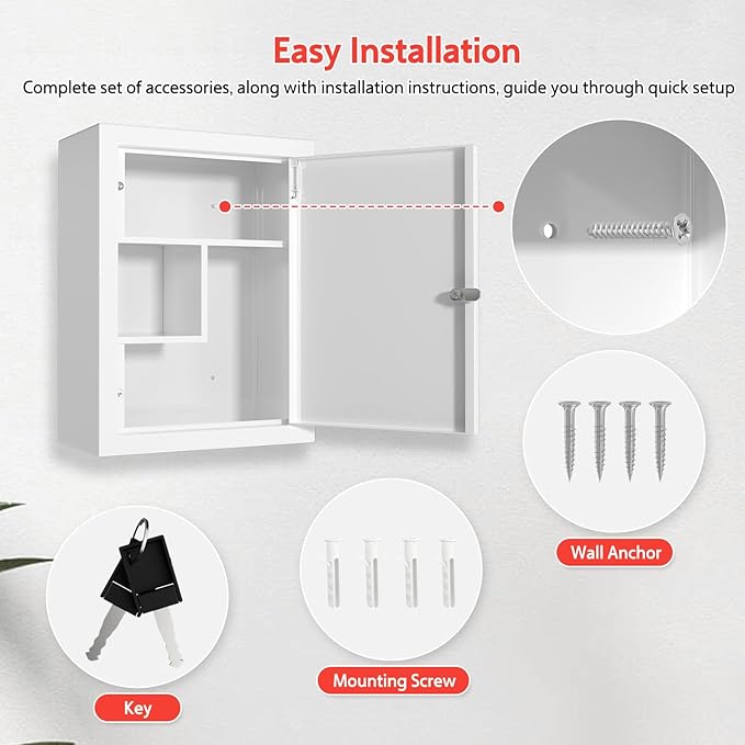 Locking Medicine Cabinet Wall-Mount: Storage Cabinet with Lock & Key - White Metal First Aid Kits for Childproofing and Famil