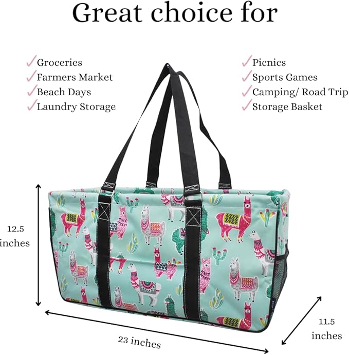 NGIL Extra Large Utility Tote Reusable Grocery Organizing Bag Oversized Collapsible for Storage, Picnic,Car, Beach (Llama Black)