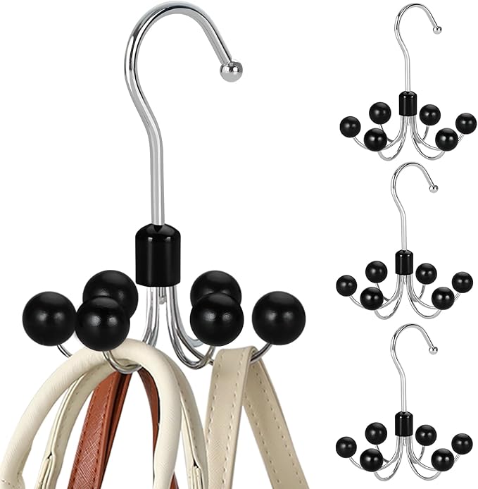 TOPIA HANGER Hoodie Hangers 4-Pack with 6 Wood Balls, 360°Swivel Purse Hanger, Scarf Hanger, Closet Hooks, Handbag Organizer,