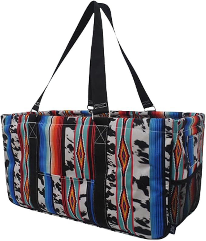 NGIL Extra Large Utility Tote Reusable Grocery Bag Oversized Collapsible for Groceries, Storage, Picnic, Beach (Cow Serape-Black)