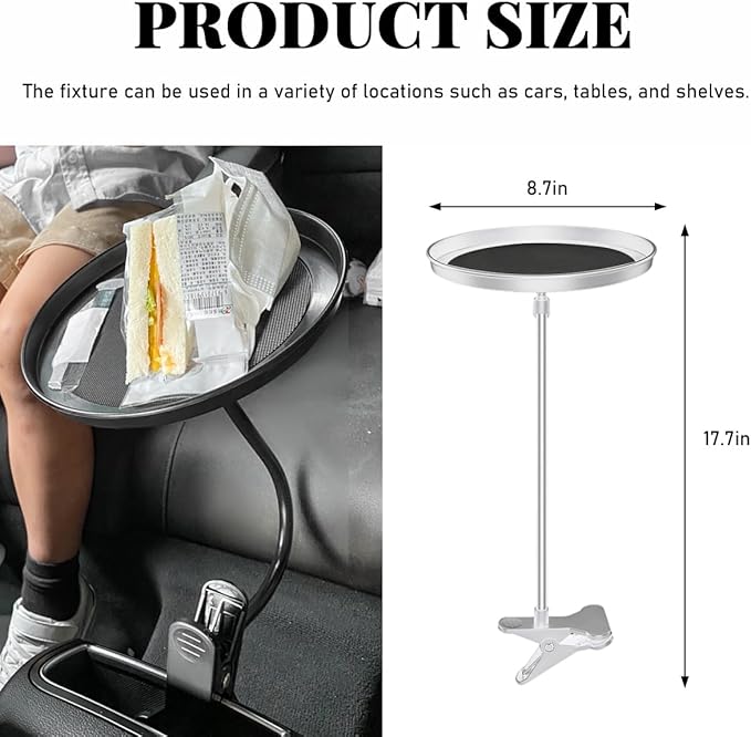 povtii Car Adjustable Food Tray, 360° Swivel Car Food Tray 8.7 Inch Diameter Storage Tray, Non-Slip Clip Type Snack Tray Swivel Dining Table for Vehicles, Interior Car Accessories (White)