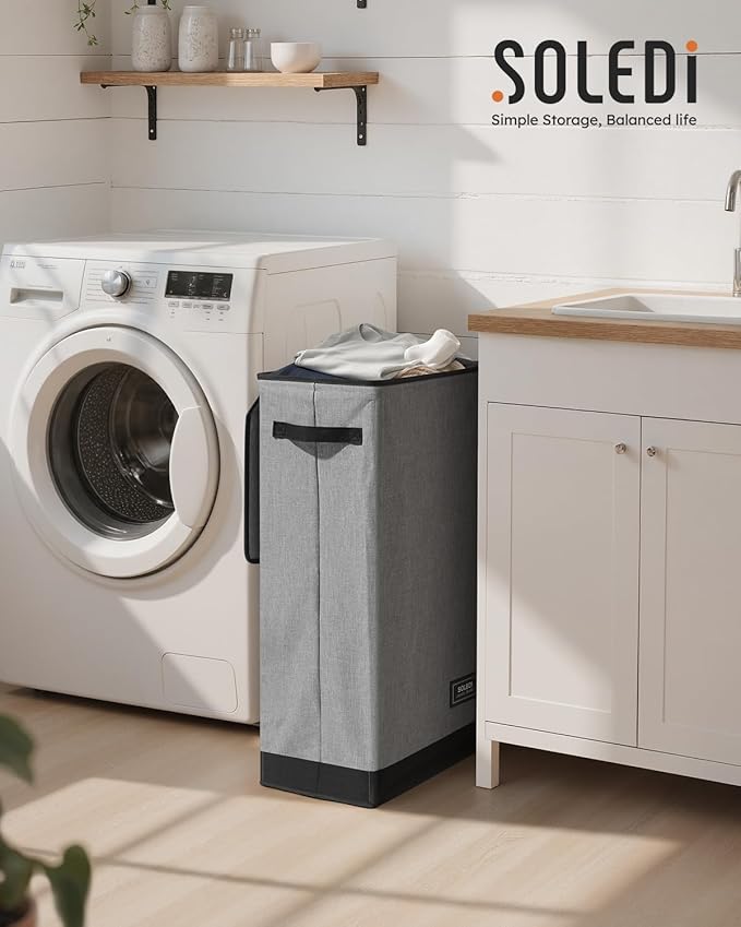 SOLEDI Slim Laundry Hamper with Lid, Narrow Laundry Basket with Removable Bags, Dirty Clothes Hamper with handle, Small Hampe
