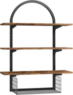 3 Tier Floating Shelf with Storage Baskets, Wall Mounted Bathroom Shelves Over Toilet, Wood Wall Shelves for Kitchen, Bedroom