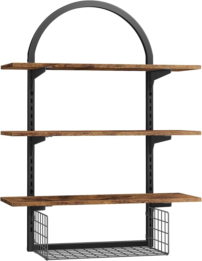 3 Tier Floating Shelf with Storage Baskets, Wall Mounted Bathroom Shelves Over Toilet, Wood Wall Shelves for Kitchen, Bedroom