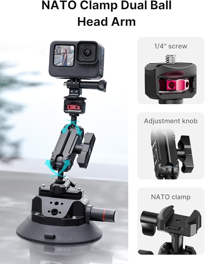 Ulanzi SC-02 Heavy-Duty Suction Cup Mount for Camera/Accessory (4.5"), Pump-actived Vacuum Camera Suction Cup Mount for Action Cameras w Quick Release NATO Magic Arm Car Boat Windshield Window Mount