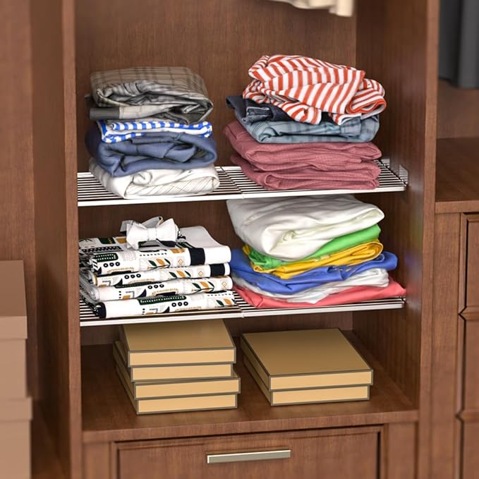 Metal Wire Storage Shelf, Adjustable Width Closet Shelf Divider Expandable Storage Shelves Wardrobe Organizer (16.9''-32''W, 