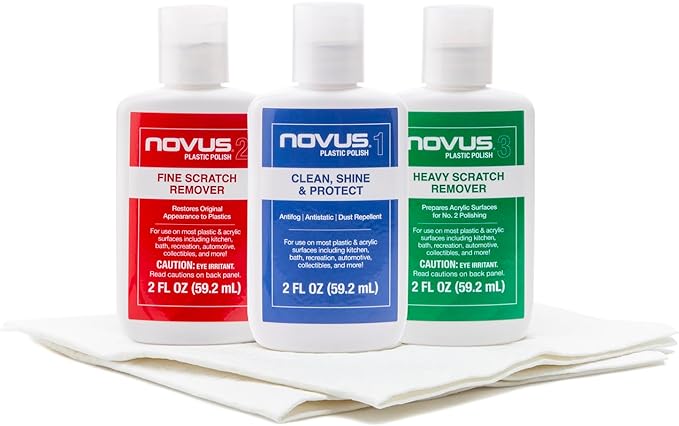NOVUS-PK1-2 | Plastic Clean & Shine #1, Fine Scratch Remover #2, Heavy Scratch Remover #3 and Polish Mates Pack | 2 Ounce Bot