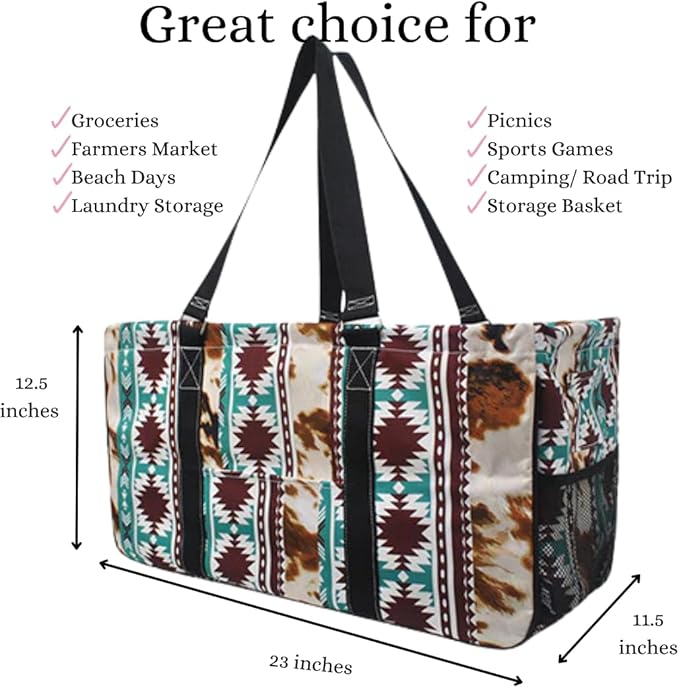 NGIL Extra Large Utility Tote Reusable Grocery Bag Oversized Collapsible for Groceries, Storage, Picnic, Beach (Western Cow-Black)