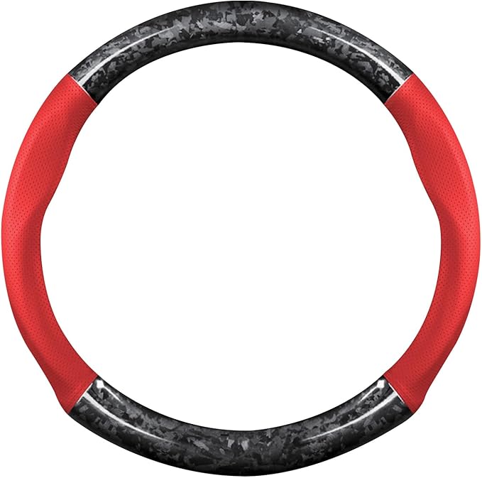 Ergocar Car Steering Wheel Sleeve, Round Forged Carbon Fiber and Leather Material Steering Wheel Sleeve, 37-38cm/14.5-15inch, Non-Slip, Soft, Breathable, Sports Style