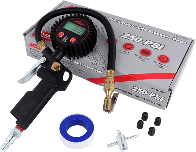 Milton 507KIT Digital Tire Inflator Car Accessories w/Accurate Air Tire Pressure Gauge, 14” Rubber Air Hose – 250 PSI, Brass Lock-On Clip Air Chuck and Compressor Accessories