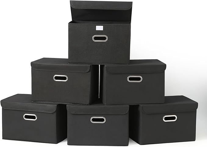 Fabric Foldable Collapsible Storage Cube Bin Organizer Basket with Lid, Handles, Removable Divider for Home, Closet (Black, 6