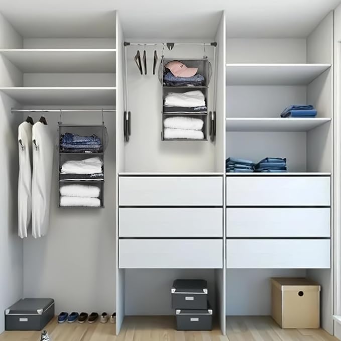 MAX Houser 3 Tier Shelf Hanging Closet Organizer, Closet Hanging Shelf with 2 Sturdy Hooks for Storage, 2 Pack, Foldable (Gre