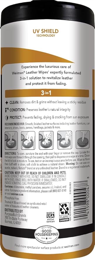 Weiman Leather Cleaner Wipes - Clean Condition UV Protection Help Prevent Cracking or Fading of Furniture, Car Interior, Couc