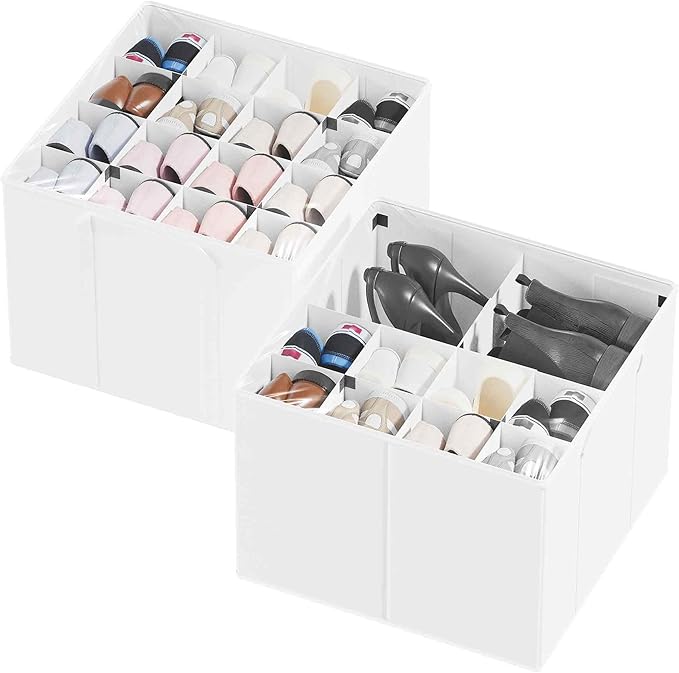 SpaceAid Shoe Organizer for Closet, 2 Pack Foldable Shoe Storage Containers Baskets Boxes Bins w/Adjustable Dividers, Fits 16