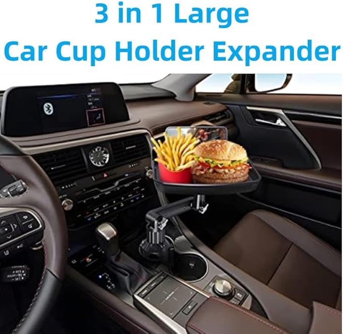 Kelofam Larger Cup Holder Tray, 10 inch Car Food Tray for Eating, Detachable 3 in 1 Car Cup Holder Expander and 360° Rotating