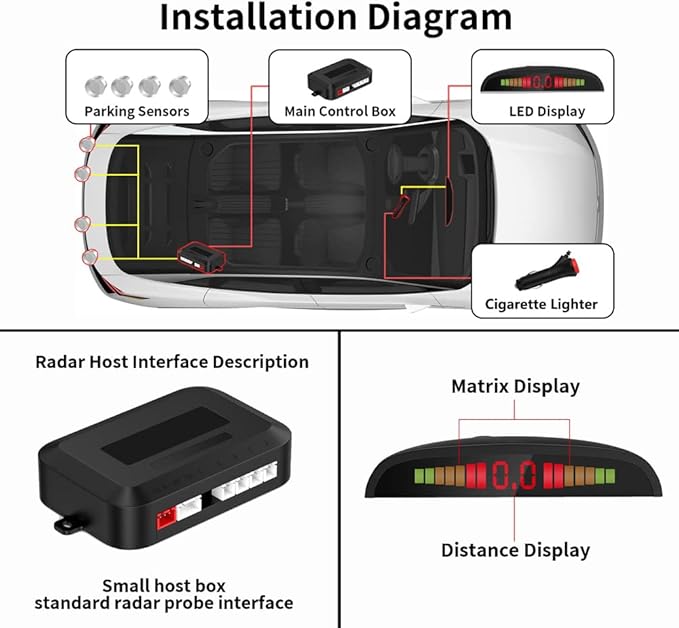 EKYLIN Wireless Car Parking Sensor, Reverse Radar System with 4 Parking Sensors, Wireless LED Distance Display with Sound Warning + 4 Silver Color Car Reverse Parking Sensors for Cars Vans RV Trailer