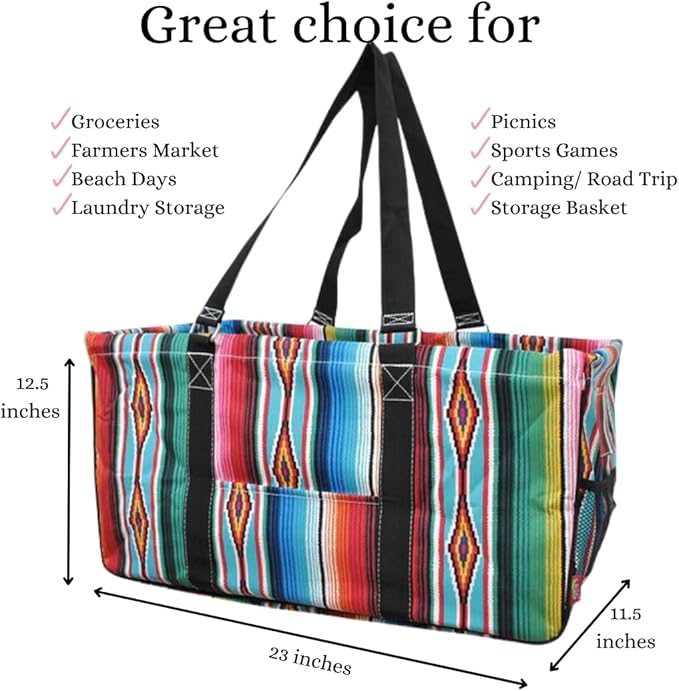 NGIL Extra Large Utility Tote Reusable Grocery Bag Oversized Collapsible for Groceries, Storage, Picnic, Beach (Zarape-black)