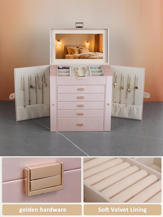 BOOVO Jewelry Box For women, 6 Layer Large Jewelry Organizer With Mirror, Multi-Function Storage Box With Lock, Necklace Hold