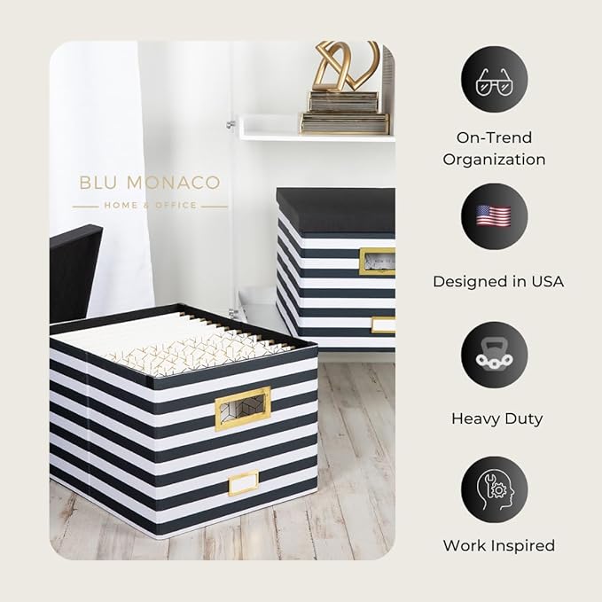 BLU MONACO | Decorative Hanging File Box with Lid | File Bins with Lids for Desk Storage | Desktop Hanging File Organizer for