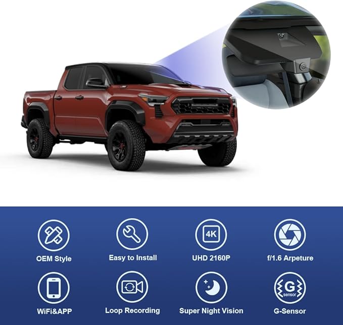 Fitcamx 4K Dash Cam Suitable for Toyota Tacoma & Hybrid 2024-2026, OEM Factory Look, UHD 2160P Video, Built-in WiFi & APP, Lo