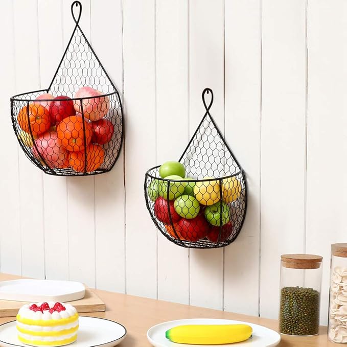 ERYTLLY Metal Fruit And Vegetable Storage Hanging Basket Wall Mounted, For Kitchen Black Wire Baskets for Flowers, Fruits and