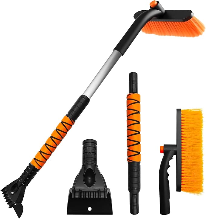 Snow Brush with Ice Scraper, Ice Scrapers, Car Windshieldand Extendable Snow Brush with Foam Grip and 360° Pivoting Brush Head, Detachable Snow Scrapers & Ergonomic Foam Grip for Cars (Orange)