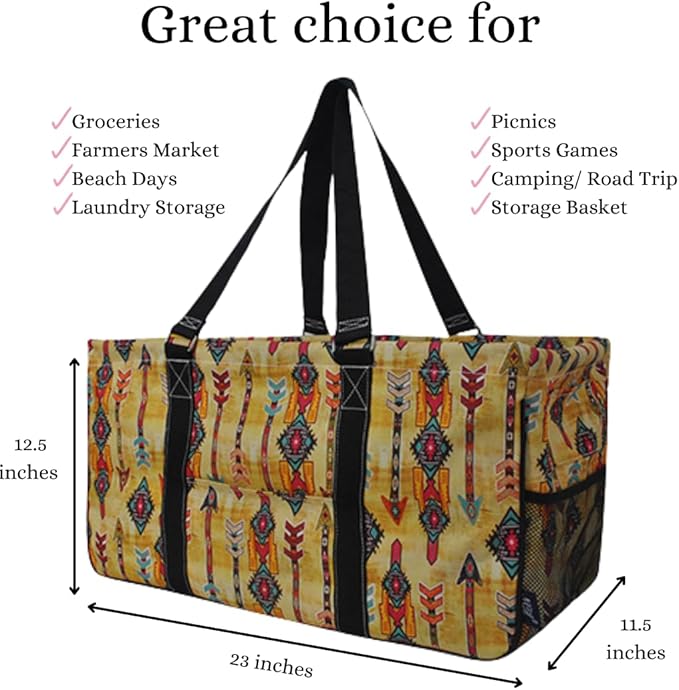 NGIL Extra Large Utility Tote Reusable Grocery Bag Oversized Collapsible for Groceries, Storage, Picnic, Beach (Boho Tribal-black)