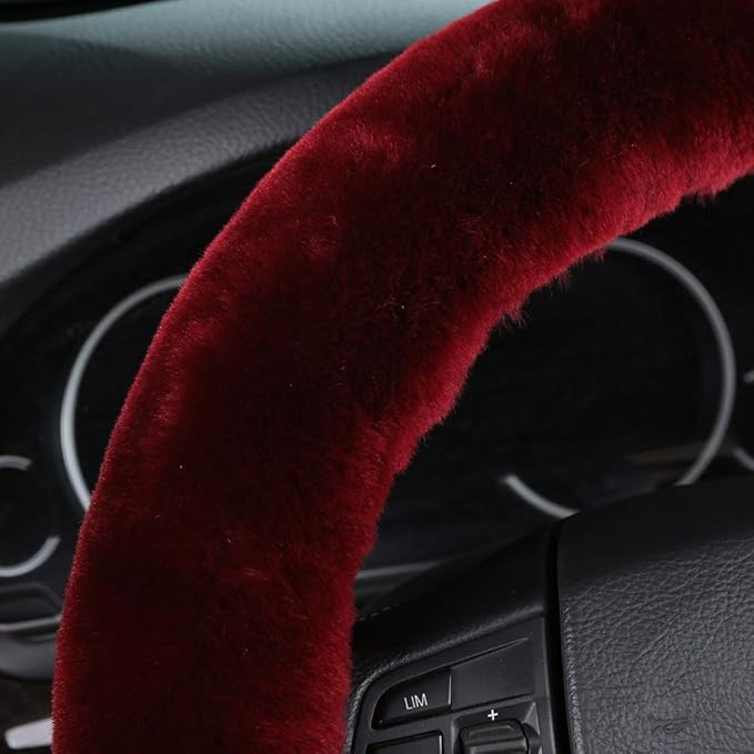 Furry Fluffy Wool Sheepskin Car Steering Wheel Cover for Girls Women Universal car 14 1/2-15 1/2inchs(Grape Red)