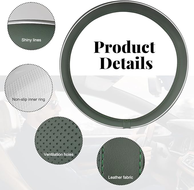 Yourkar Leather Steering Wheel Cover, Breathable Anti-Slip Car Steering Wheel Protector for Max Diameter 15 Inch, Universal A