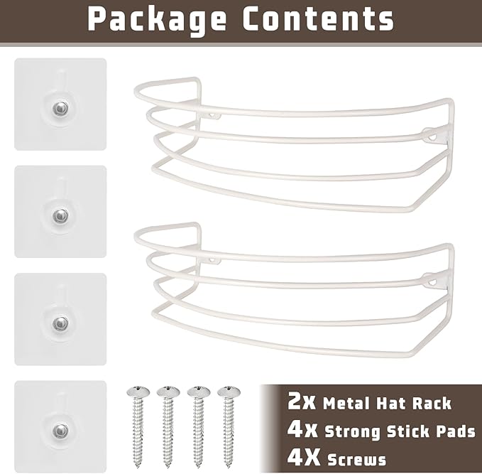 Fikoksol Hat Organizer for Baseball Caps, 2-Pack Beige White Metal Hat Rack for Wall Door, Adhesive/Wall Mounted Hat Storage 