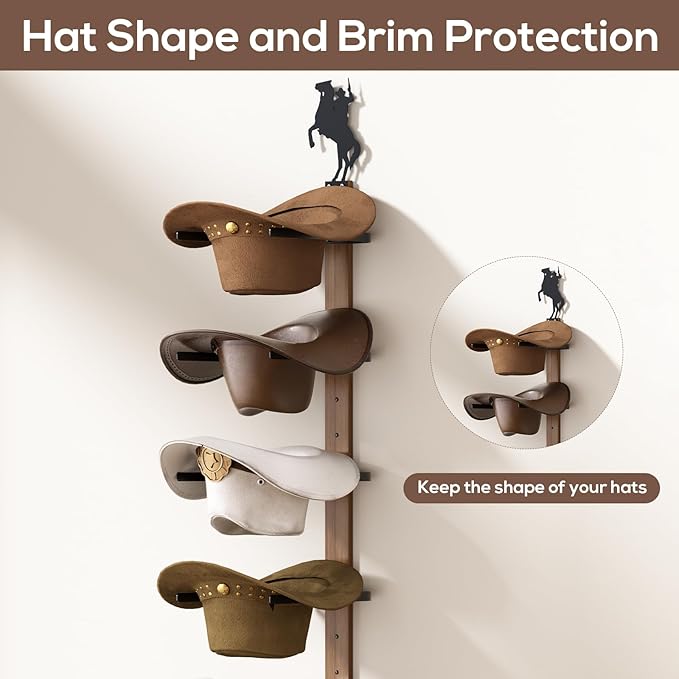 Cowboy Hat Rack for Wall – 3-Piece Wooden & Metal Western Hat Holder, Rustic Rider Sign Decor, Holds up to 6 Hats, Wall Mount