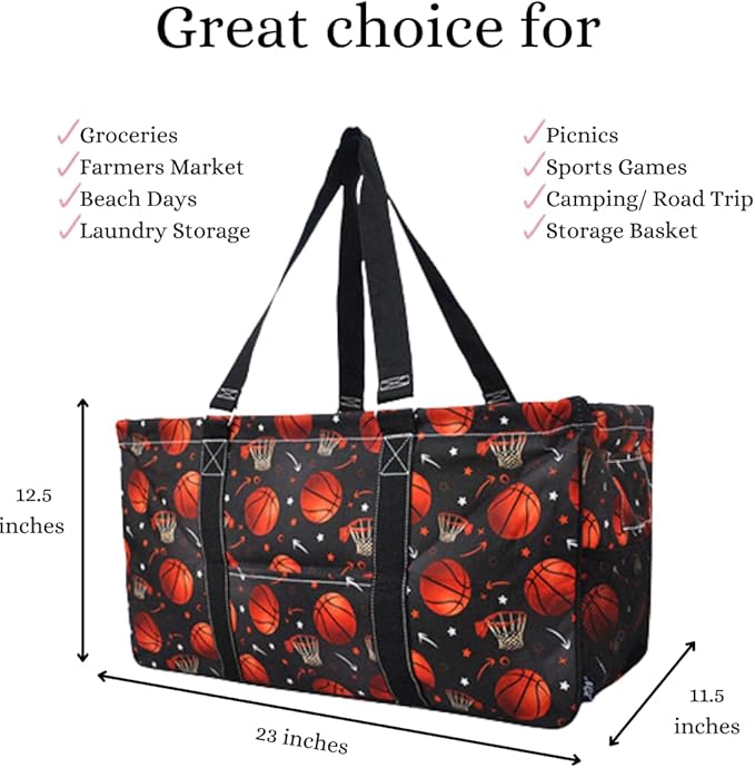 NGIL Extra Large Utility Tote Reusable Grocery Bag Oversized Collapsible for Groceries, Storage, Picnic, Beach (Basketball Pro-Black)