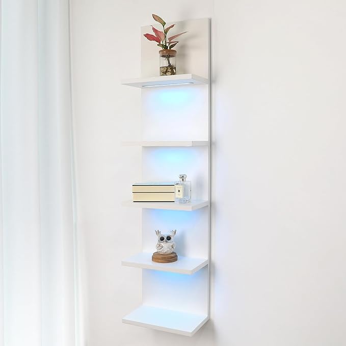 5 Tier Wall Shelf Unit, RGB Lack Shelf, Vanity Shelves with Light,White Shelves for Room,Office,Bathroom,Remote Control