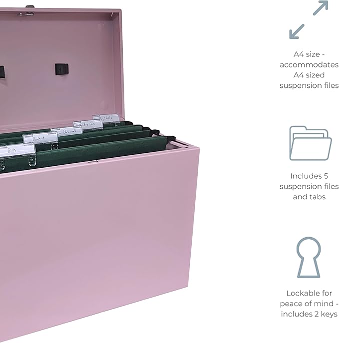 Cathedral Products A4 Steel File Box with Starter Pack of 5 Suspension Files - Pastel Pink