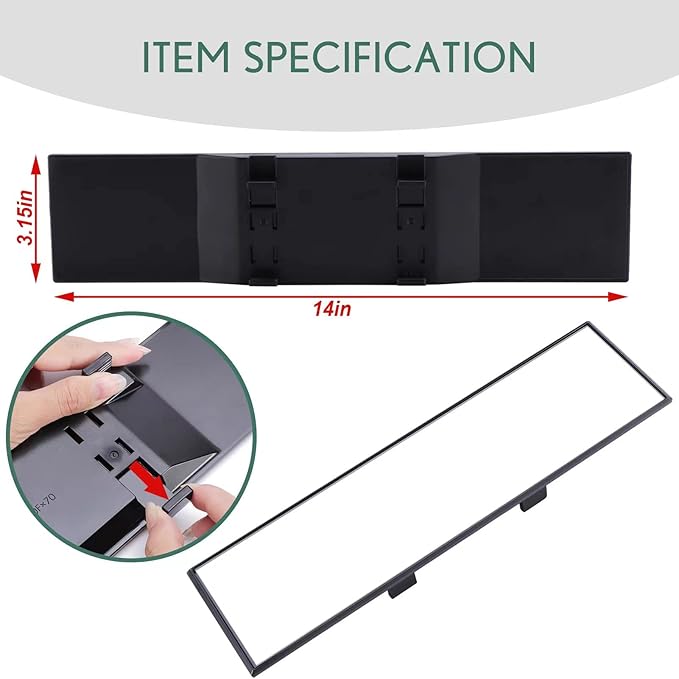 14" Wide Angle Rearview Mirror, Anti-Glare Clear Tint, Clip-on Flat Interior Mirror for Car SUV Truck – Universal Fit with Adjustable Clamps, Lightweight Design (Not Panoramic)