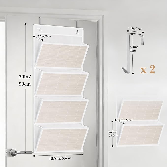 homyfort hanging wall file organizer, Over the door file folder organizer with 4 Large Bamboo Pockets, Suitable for Home, Off