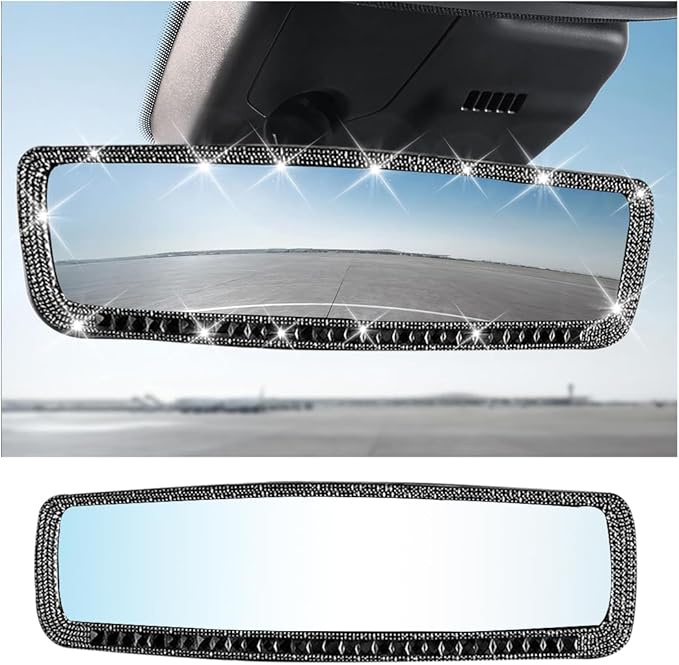 AUCELI Car Rear View Mirror, Bling Rhinestone Interior Rear View Mirror with HD Glass, Wide Angle Clip-On Rearview Mirror with Glitter Crystal Diamond, Car Decoration Accessories for Women (Black)