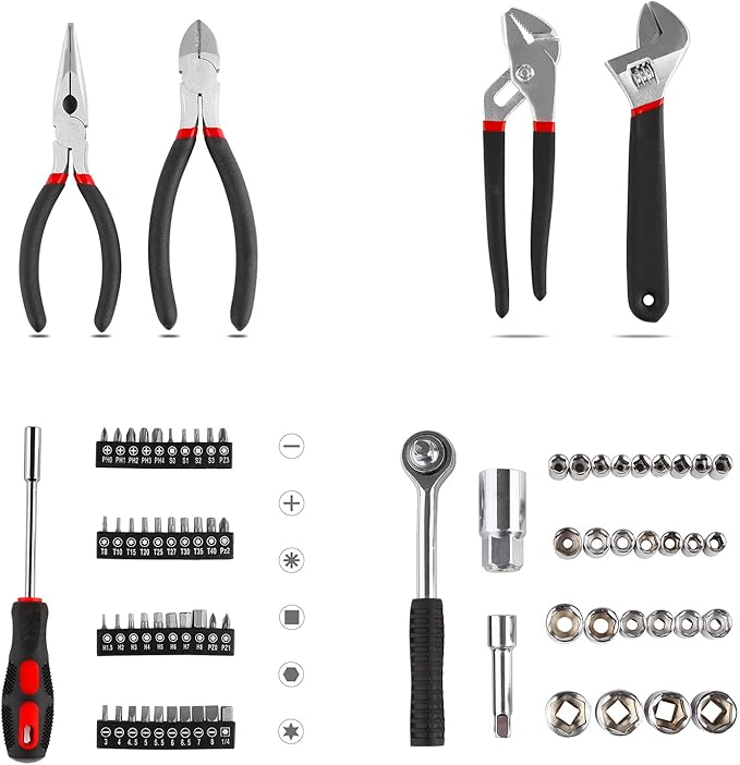 TLGREEN 95 Piece Tool Set, Tool Kit, Mechanics Tool Set, Portable Toolbox with Adjustable Wrench Pliers Socket Bits, with Pla
