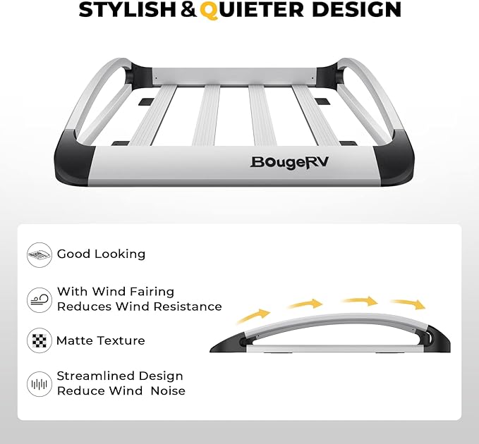 BougeRV Anti-Rust Aluminum Roof Basket 47''x40''x8'' Lightweight Universal Rooftop Cargo Carrier Roof Rack Cargo Basket with Wind Fairing, Roof Rack for SUV Pick Up Truck,150LBS Load Capacity, Silver