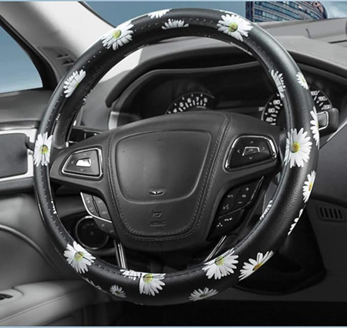 Dotesy Leather Flowers Car Steering Wheel Cover, Fashion Floral Steering Wheel Protector Universal for 36-38cm Anti Slip Auto