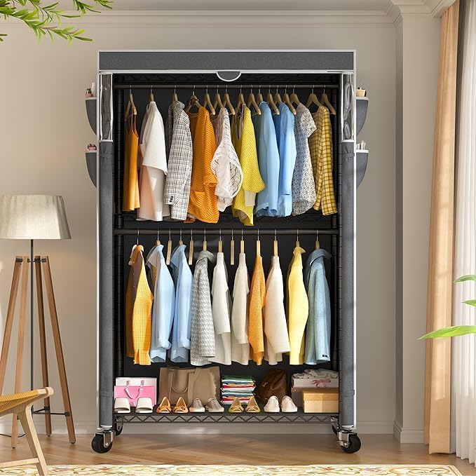 Raybee Rolling Clothes Rack with Cover Clothing Racks for Hanging Clothes Heavy Duty Portable Closet with Wheels Garment Rack
