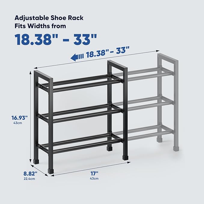 Abiglifty 3-Tier Expandable Shoe Rack,17"-33" Adjustable Shoe Rack for Closet,Metal Shoes Shelves for Front Door Entrance, Ga