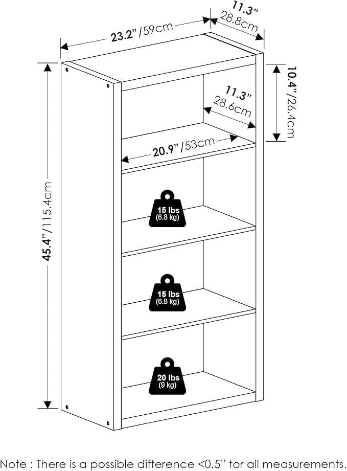 Furinno Viola Book Shelf, 4-Tier Bookshelf, Extra Thick Frame Bookcase with Open Shelf, Open Back Design, 11.3" x 23.2" x 45.